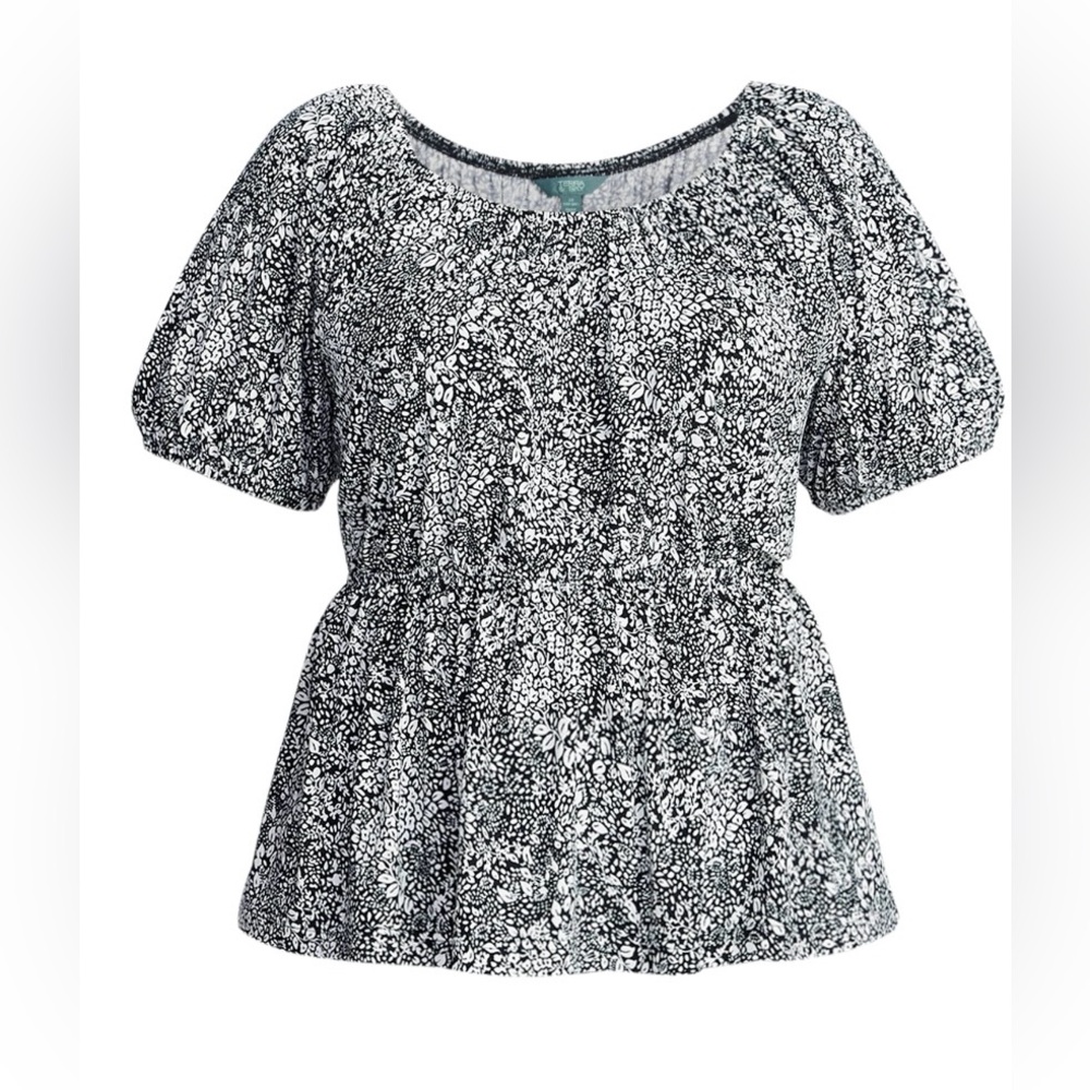 NWT Terra & Sky 1X Black White Floral Peplum Top Puff Sleeve Scoop Neck Plus